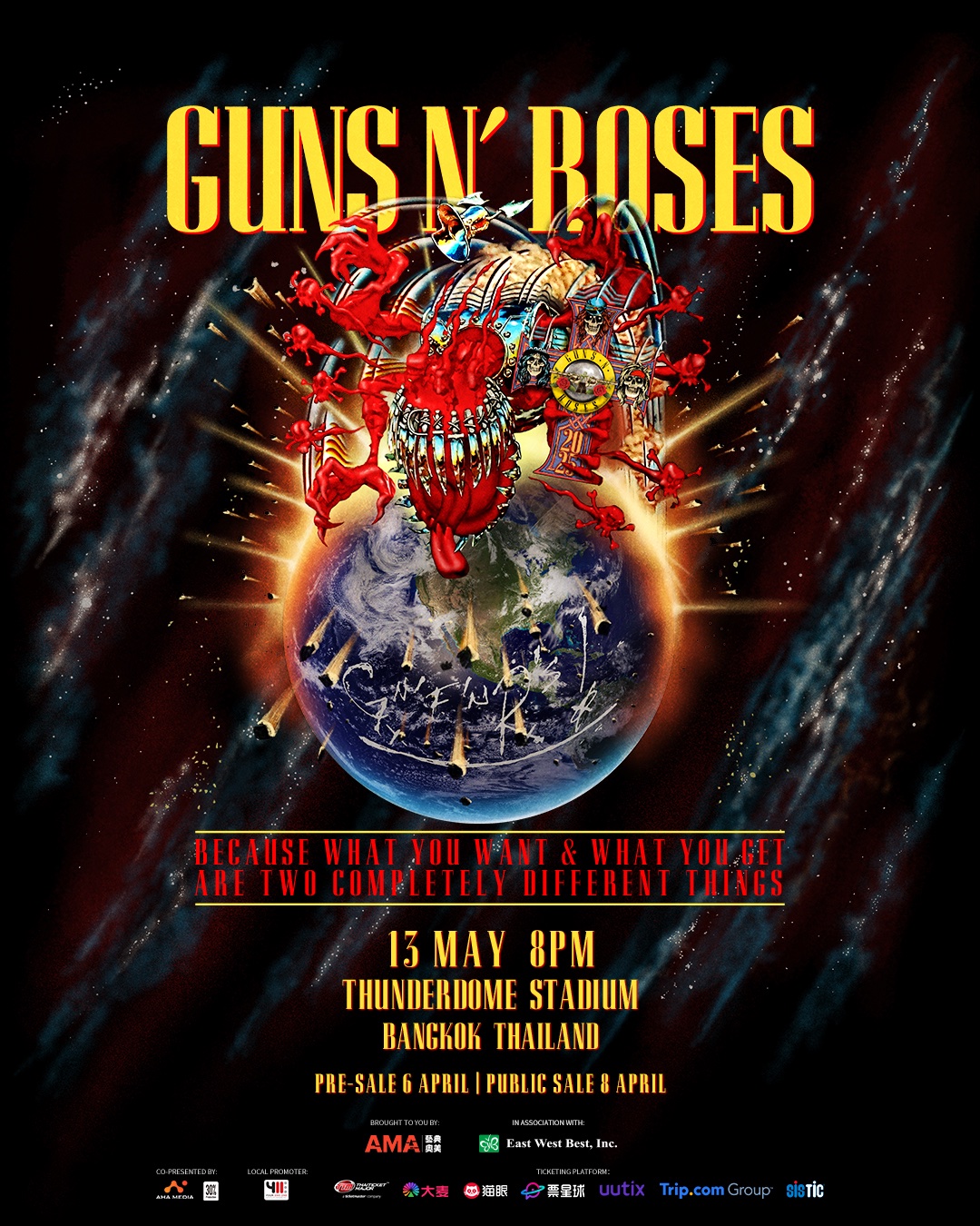 ตำนานร็อกแอนด์โรล GUNS N’ ROSES ประกาศกลับมาเยือนไทย 13 พฤษภาคมนี้ คืนเดียวเท่านั้น! กับวงร็อกในตำนานเพื่อแฟนๆ ภูมิภาคนี้โดยเฉพาะ AMA MEDIA แท็กทีม กึ้ง-411 ENTERTANMENT เปิดเกมรุกคอนเสิร์ตอินเตอร์!